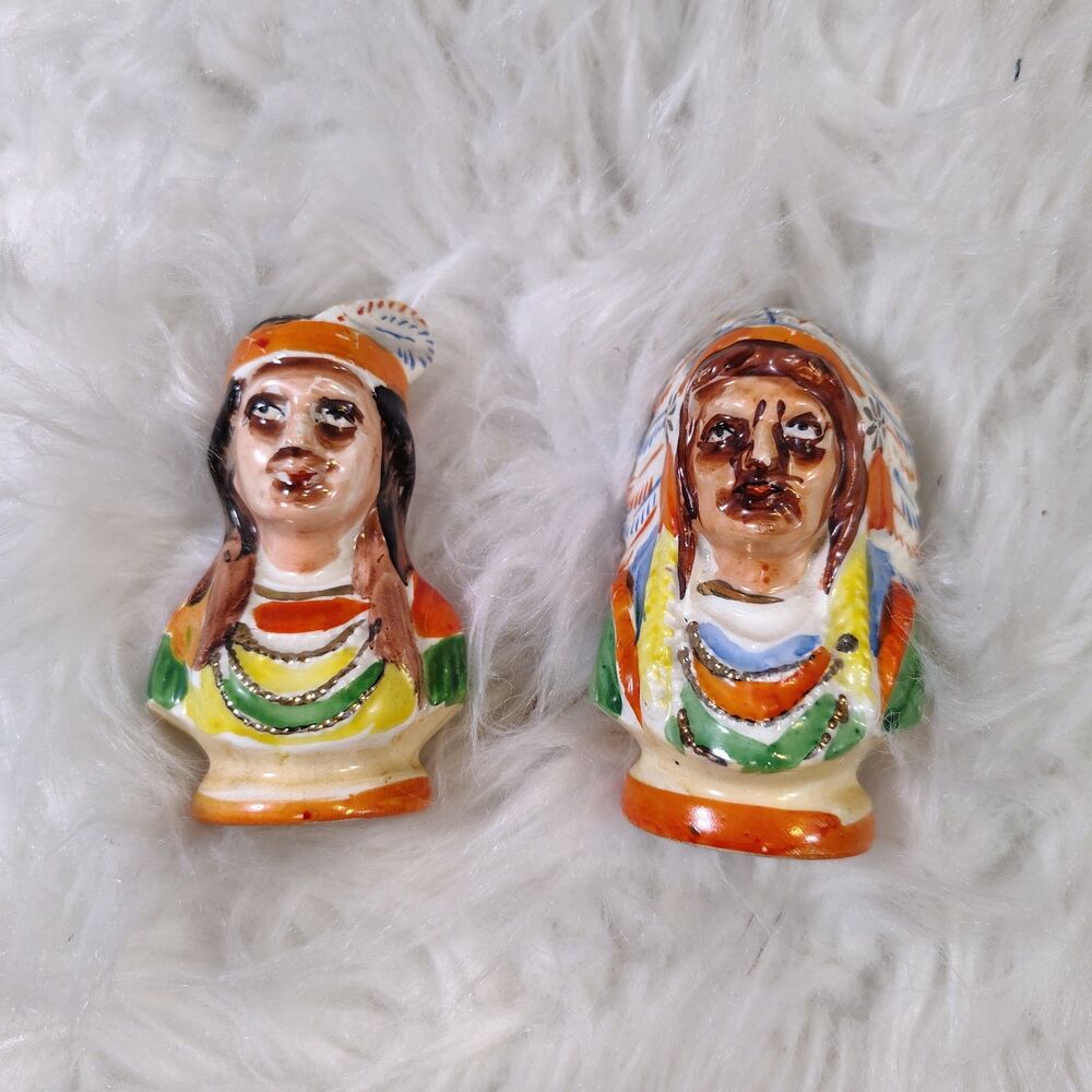 VTG Indian Chief & Woman Bust Salt & Pepper Shakers Made In Japan